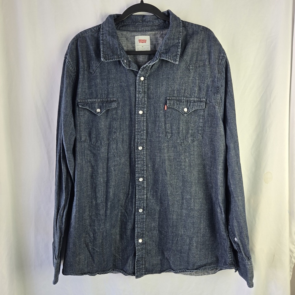 Levi's Western Dark Blue Denim Shirt Pearl Snap Mens XXL Bat Wing Rodeo Ranch - Picture 1 of 12